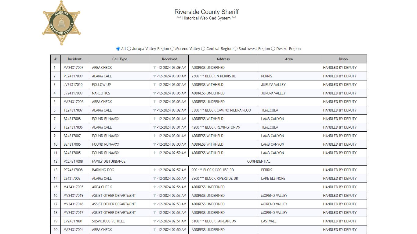 Riverside County Sheriff's Department - RCSD Public Web CAD