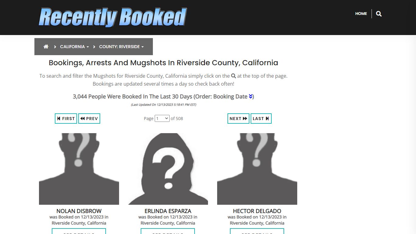 Bookings, Arrests and Mugshots in Riverside County, California